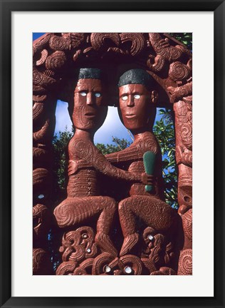 Framed Native Maori, Wooden Tribal Statue, Maori Arts and Crafts Institute, New Zealand Print