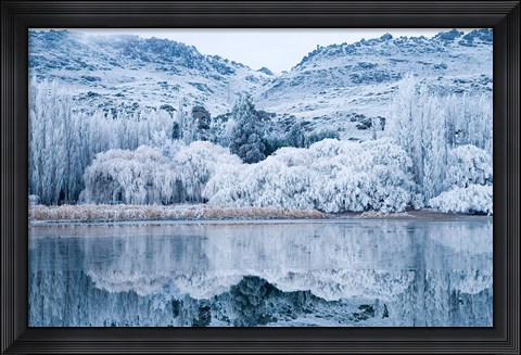 Framed Reflections and Hoar Frost, Butchers Dam, near Alexandra, Central Otago, South Island, New Zealand Print