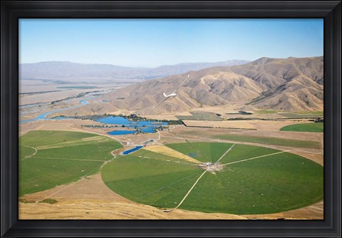 Framed Giant Rotary Irrigation Scheme near Twizel, Mackenzie Country, South Island, New Zealand Print