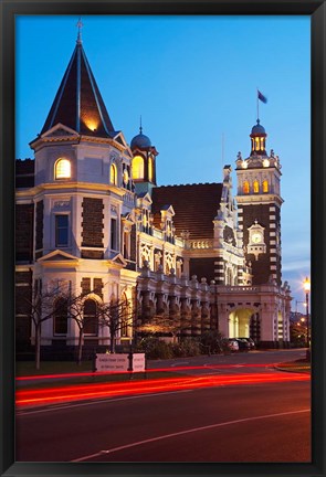 Framed Historic Railway Station at Dusk, Dunedin, South Island, New Zealand Print