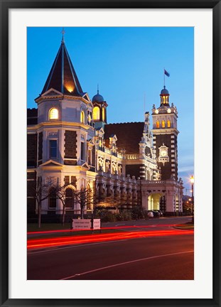 Framed Historic Railway Station at Dusk, Dunedin, South Island, New Zealand Print