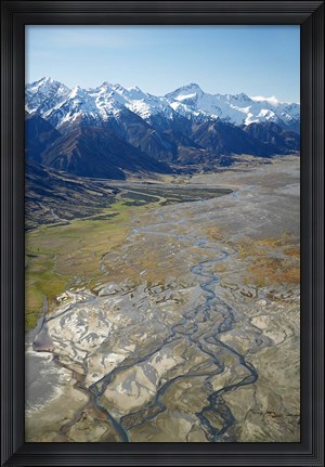 Framed Tasman River and Ben Ohau Range, near Mt Cook, South Canterbury, South Island, New Zealand Print