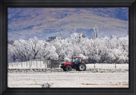 Framed Tractor and Hoar Frost, Sutton, Otago, South Island, New Zealand Print