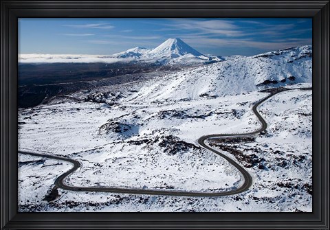 Framed Bruce Road up Mt Ruapehu, and Mt Ngauruhoe, Tongariro National Park, North Island, New Zealand Print
