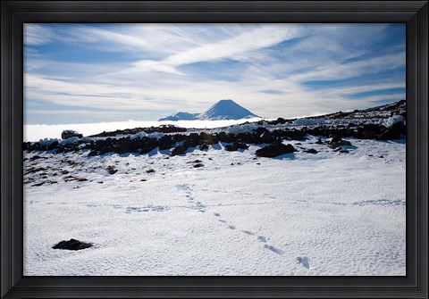 Framed Footsteps in Snow and Mt Ngauruhoe, Tongariro National Park, North Island, New Zealand Print