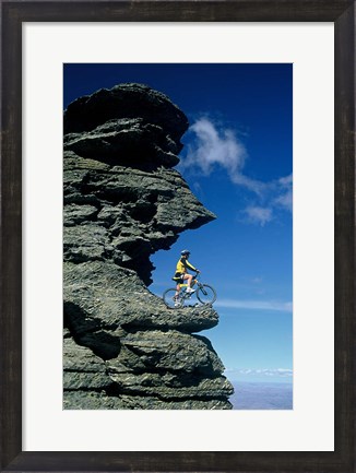 Framed Mountain Biker and Rock Tor, Dunstan Mountains, Central Otago Print