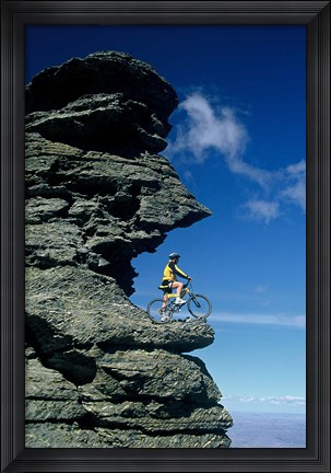 Framed Mountain Biker and Rock Tor, Dunstan Mountains, Central Otago Print