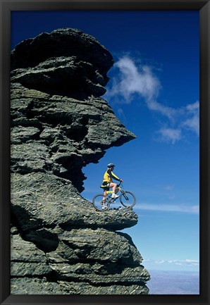 Framed Mountain Biker and Rock Tor, Dunstan Mountains, Central Otago Print