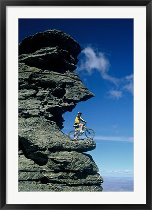 Framed Mountain Biker and Rock Tor, Dunstan Mountains, Central Otago Print