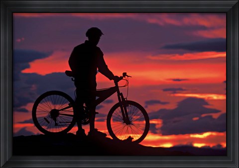 Framed Mountain Biker and Sunset, Dunstan Mountains, Central Otago Print