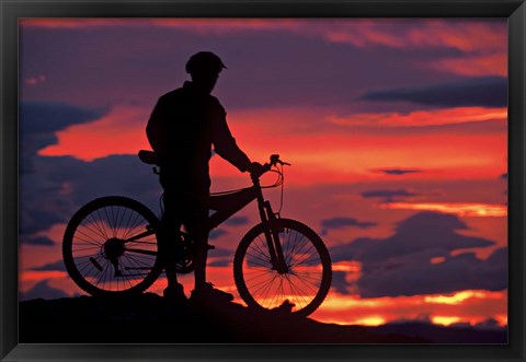 Framed Mountain Biker and Sunset, Dunstan Mountains, Central Otago Print