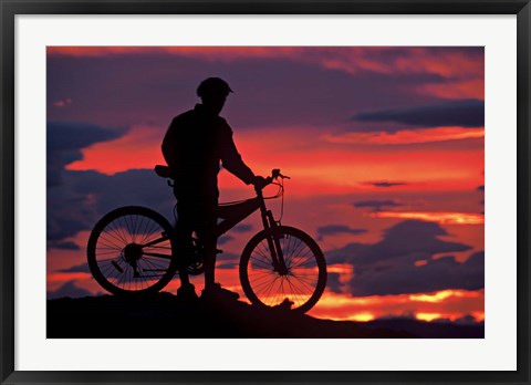 Framed Mountain Biker and Sunset, Dunstan Mountains, Central Otago Print