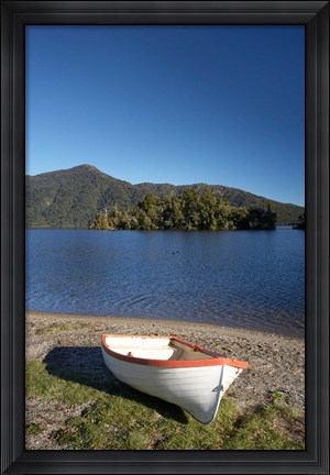 Framed Dinghy, Hans Bay, Lake Kaniere, South Island, New Zealand Print