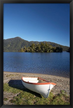 Framed Dinghy, Hans Bay, Lake Kaniere, South Island, New Zealand Print