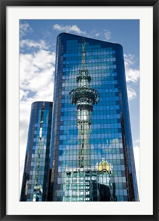 Framed Reflection of Skytower in Office Building, Auckland, North Island, New Zealand Print