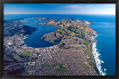 Framed Dunedin, Otago Peninsula Harbor and Pacific Ocean, New Zealand Print