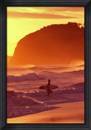 Framed Surfer at Sunset, St Kilda Beach, Dunedin, New Zealand Print