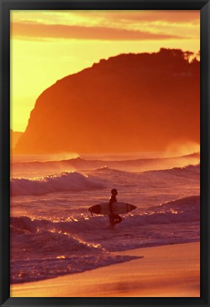 Framed Surfer at Sunset, St Kilda Beach, Dunedin, New Zealand Print