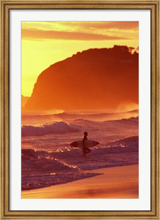 Framed Surfer at Sunset, St Kilda Beach, Dunedin, New Zealand Print
