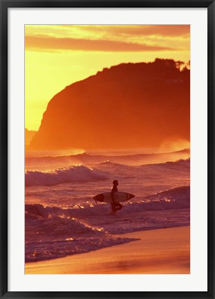 Framed Surfer at Sunset, St Kilda Beach, Dunedin, New Zealand Print