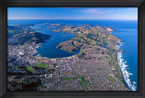 Framed Otago Harbor and Otago Peninsula, Dunedin City, New Zealand Print