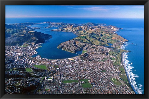 Framed Otago Harbor and Otago Peninsula, Dunedin City, New Zealand Print