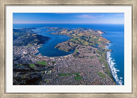 Framed Otago Harbor and Otago Peninsula, Dunedin City, New Zealand Print