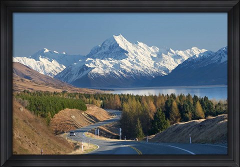 Framed Road to Aoraki Mount Cook, Mackenzie Country, South Canterbury, South Island, New Zealand Print