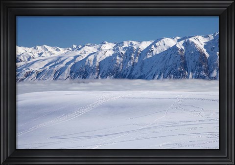 Framed Roundhill Ski Area with fog covered Lake Tekapo and the Hall Range, South Island, New Zealand Print