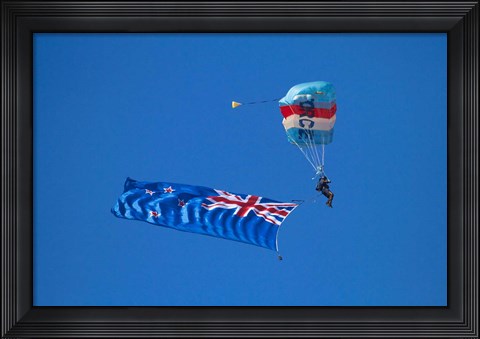 Framed RNZAF Sky Diving, New Zealand flag, Warbirds over Wanaka, South Island New Zealand Print