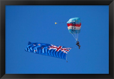 Framed RNZAF Sky Diving, New Zealand flag, Warbirds over Wanaka, South Island New Zealand Print