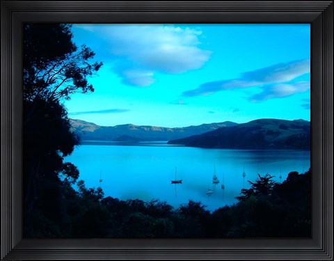 Framed Sailboats at Anchor, Akaroa Peninsula, New Zealand Print