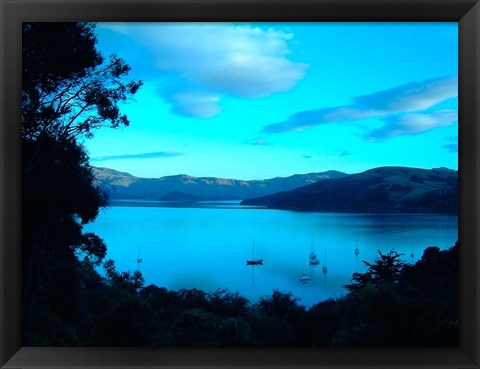 Framed Sailboats at Anchor, Akaroa Peninsula, New Zealand Print