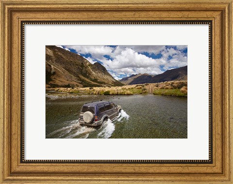 Framed 4WD crossing Mararoa River, Mavora Lakes, Southland, South Island, New Zealand Print