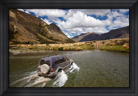 Framed 4WD crossing Mararoa River, Mavora Lakes, Southland, South Island, New Zealand Print