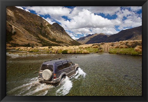 Framed 4WD crossing Mararoa River, Mavora Lakes, Southland, South Island, New Zealand Print