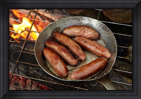 Framed Cuisine, Sausages on campfire, South Island, New Zealand Print