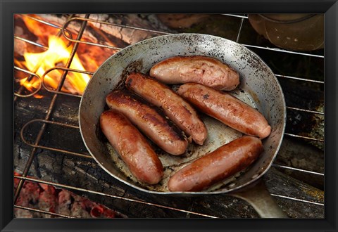 Framed Cuisine, Sausages on campfire, South Island, New Zealand Print