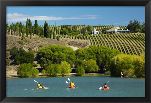 Framed Kayakers and vineyard, Bannockburn Inlet, Lake Dunstan, Central Otago, South Island, New Zealand Print