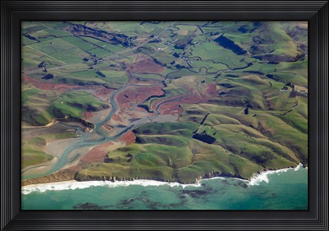 Framed Pleasant River, near Palmerston, East Otago, South Island, New Zealand - aerial Print