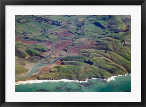 Framed Pleasant River, near Palmerston, East Otago, South Island, New Zealand - aerial Print