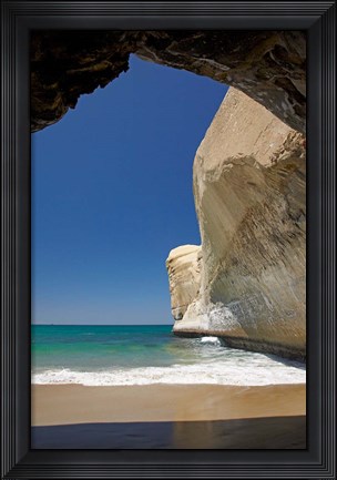 Framed Sea cave, beach and cliffs, Tunnel Beach, Dunedin, South Island, New Zealand Print