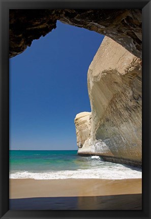 Framed Sea cave, beach and cliffs, Tunnel Beach, Dunedin, South Island, New Zealand Print