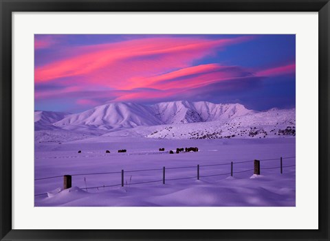 Framed Sunset over Hawkdun Range and farmland, Maniototo, Otago, New Zealand Print