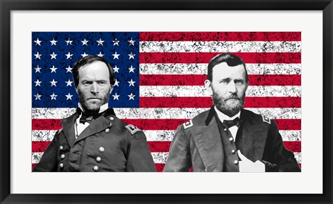 Framed General Sherman and General Ulysses S Grant with American Flag Print