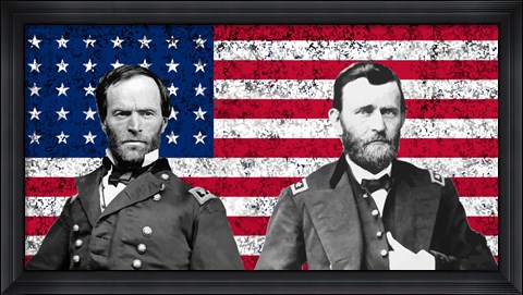 Framed General Sherman and General Ulysses S Grant with American Flag Print