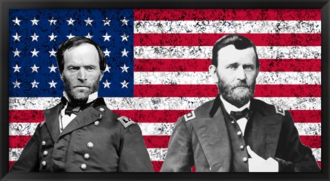 Framed General Sherman and General Ulysses S Grant with American Flag Print