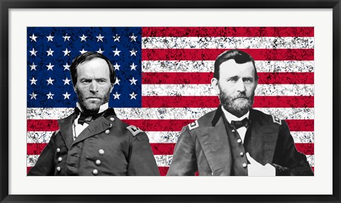 Framed General Sherman and General Ulysses S Grant with American Flag Print