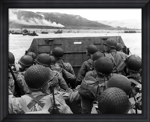 Framed American troops in Landing Craft Print
