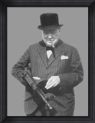 Framed Sir Winston Churchill with a Tommy Gun Print